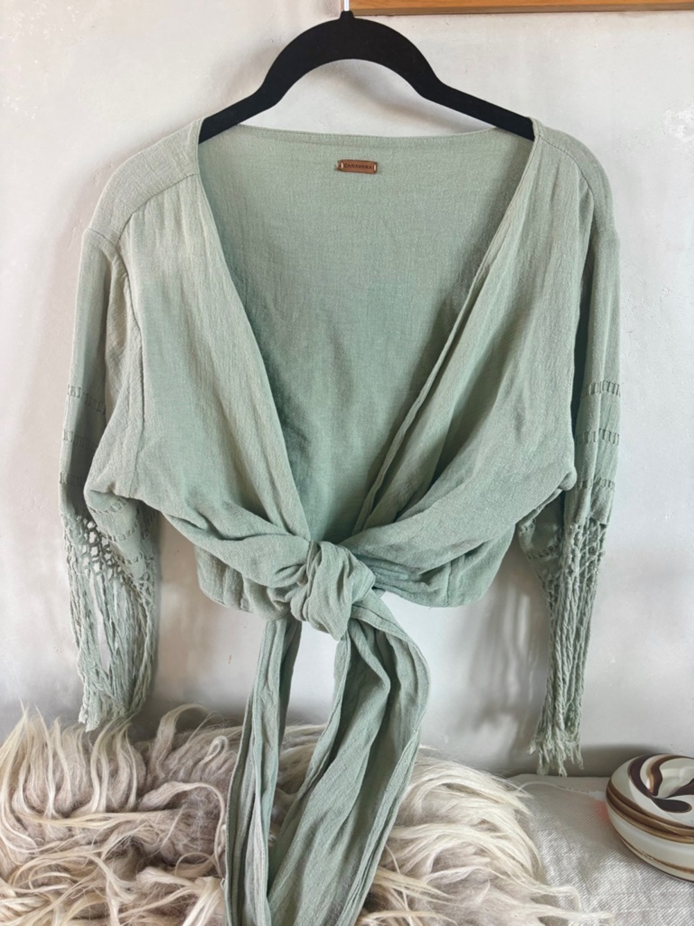 CARAVANA Sage Crop Wrap Top
